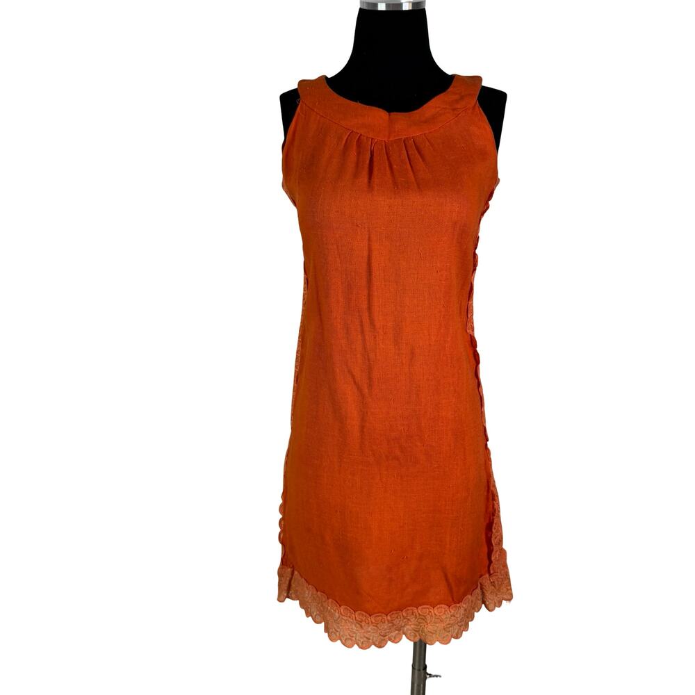 Vintage 1960s Mod Orange Mini Dress Open Back Lace Trim Keyhole Size XS S